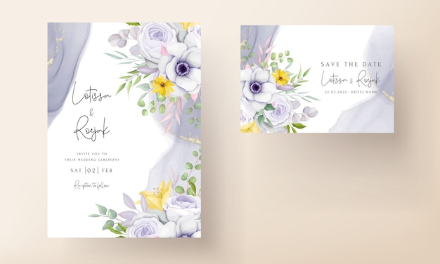 Vecteur gratuit belle carte d'invitation de mariage fleur violette jaune et grise