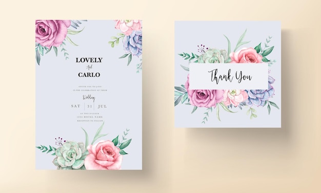 Belle Carte D'invitation De Mariage Floral Aquarelle Avec Roses Et Plantes Succulentes