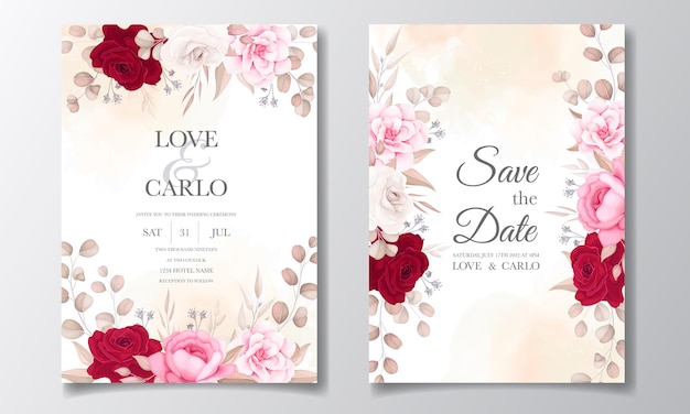 Vecteur gratuit belle carte d'invitation de mariage floral et feuilles