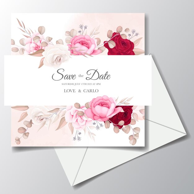 Belle carte d'invitation de mariage floral et feuilles