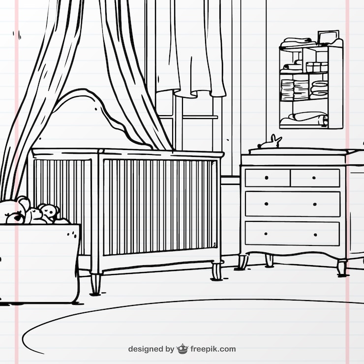 Vecteur gratuit belle chambre dessiné à la main pour bébé avec berceau