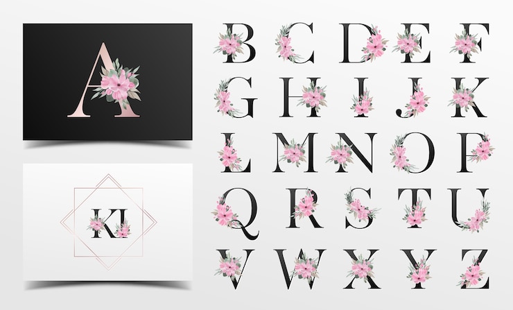 Vecteur gratuit belle collection d'alphabet avec décoration florale aquarelle