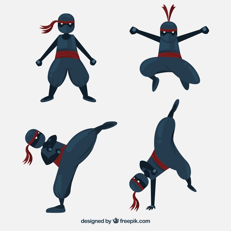 Vecteur gratuit belle collection de caractères ninja avec un design plat