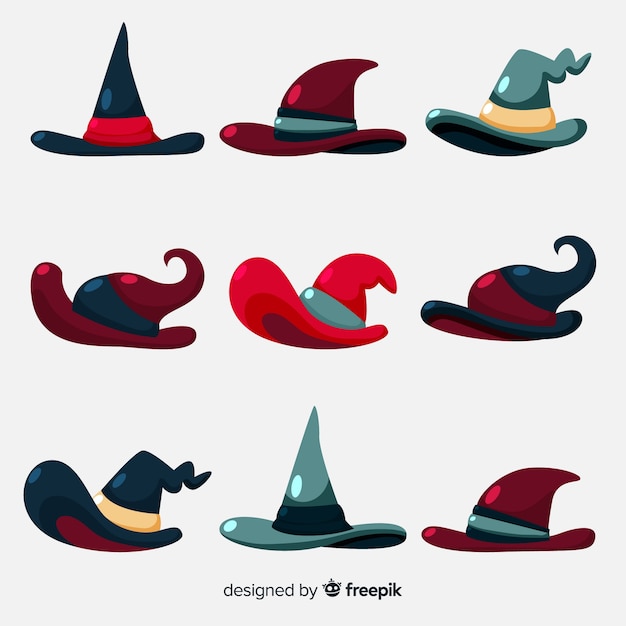 Vecteur gratuit belle collection de chapeau de sorcière dessiné à la main