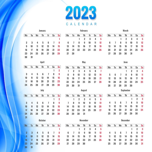 Vecteur gratuit belle conception de calendrier du nouvel an 2023 de style vague