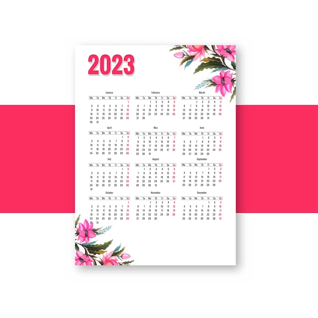 Vecteur gratuit belle conception de modèle de calendrier de nouvel an floral 2023