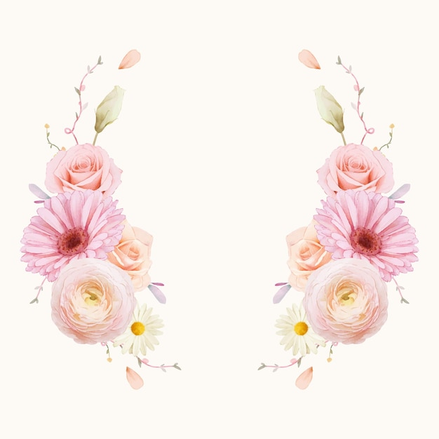 Belle couronne de fleurs avec des roses aquarelles et gerbera