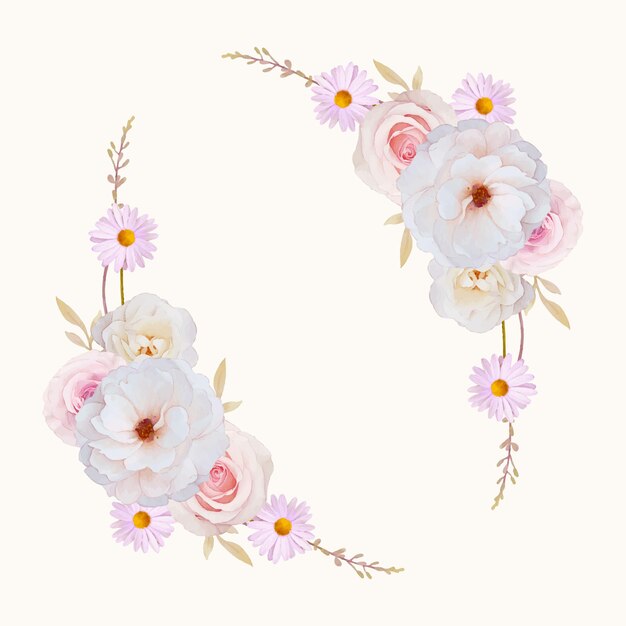 Belle couronne de fleurs avec des roses aquarelles