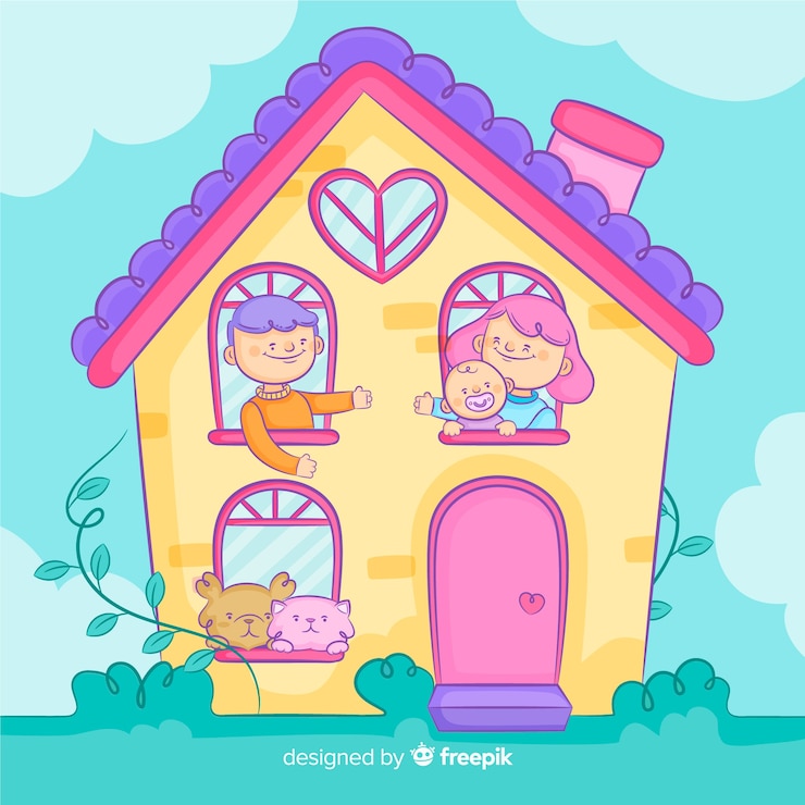 Vecteur gratuit belle famille dessiné à la main à la maison