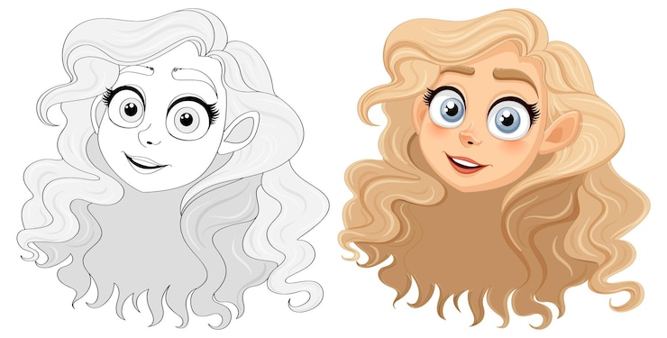 Vecteur gratuit une belle femme aux longs cheveux blonds et aux contours de doodle