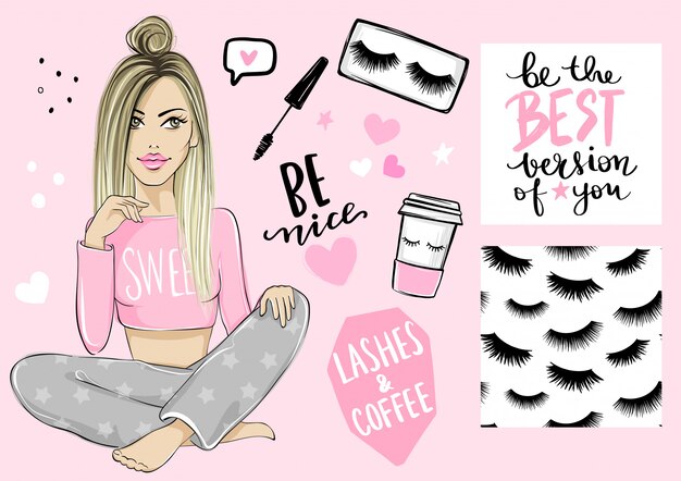 Belle Fille Modele Sans Couture Avec Des Cils Affiche Avec Citation Inspirante Mascara Et Tasse A Cafe En Papier Vecteur Premium Belle Fille Modele Sans Couture Avec Des Cils Affiche Avec Citation Inspirante Mascara Et Tasse A Cafe En Papier Vecteur Premium