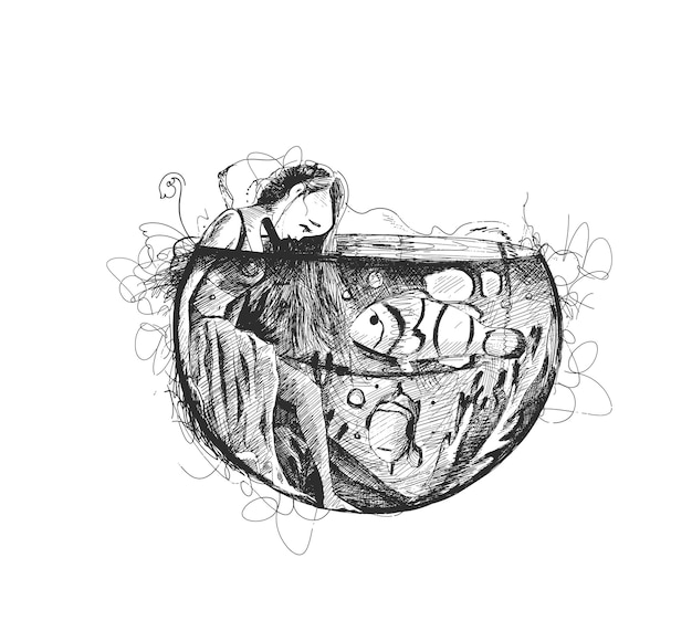 Vecteur gratuit belle fille sous l'eau avec des poissons, illustration vectorielle de croquis dessinés à la main.