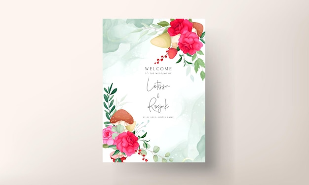 Vecteur gratuit belle fleur rose et main de champignon mignon dessinant un modèle de carte d'invitation de mariage