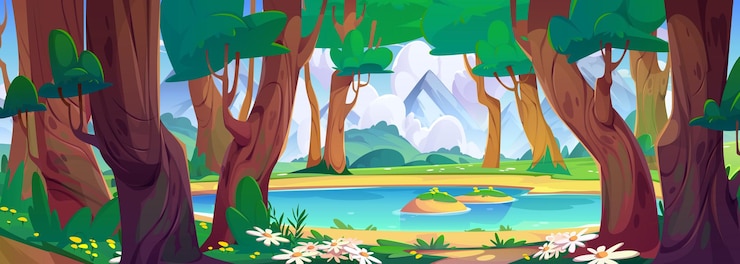 Vecteur gratuit belle forêt de printemps avec des fleurs autour d'un petit lac et des montagnes à l'horizon. illustration vectorielle d'un étang bleu ou d'une rivière qui coule entre de vieux arbres, herbe verte sur des collines, nuages moelleux dans le ciel.