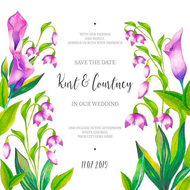 Vecteur gratuit belle invitation de mariage avec des fleurs à l'aquarelle