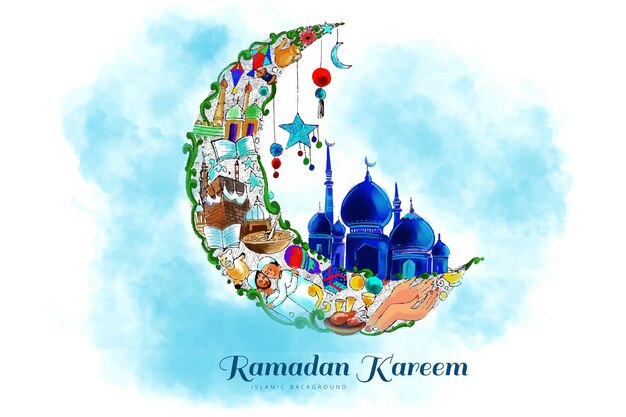 Vecteur gratuit belle lune décorative et fond de mosquée ramadan kareem