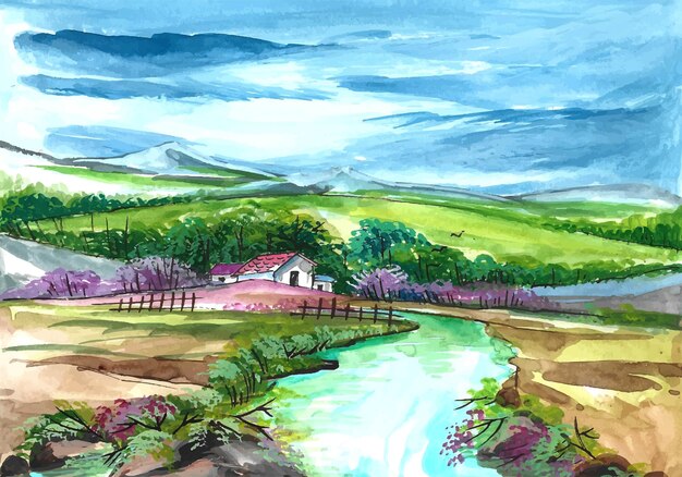 Belle nature paysage main dessiner fond aquarelle