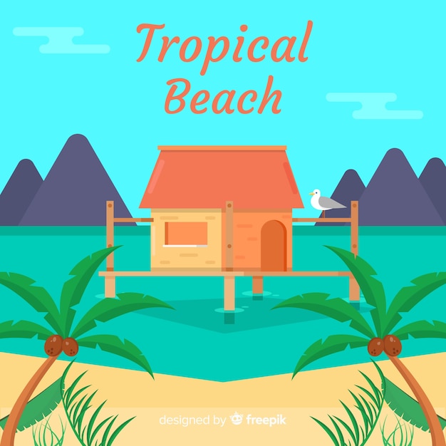 Belle Plage Tropicale Avec Un Design Plat