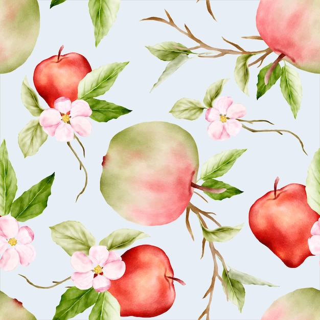 Vecteur gratuit belle pomme botanique aquarelle et motif floral rose sans couture