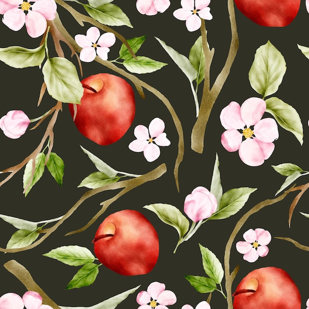 Vecteur gratuit belle pomme botanique aquarelle et motif floral rose sans couture