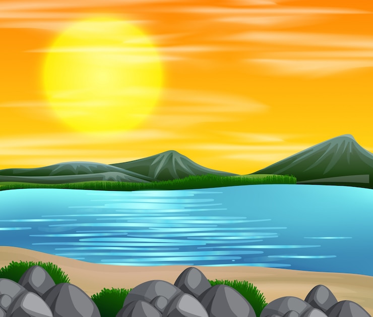 Vecteur gratuit une belle scène de coucher de soleil sur la plage