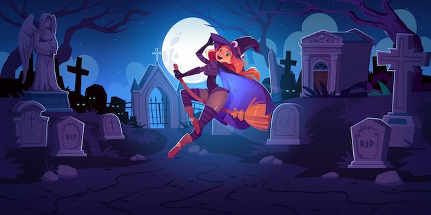 Belle Sorcière Au Cimetière La Nuit Avec Une Femme Rousse Au Chapeau Effrayant Volant Sur Un Balai