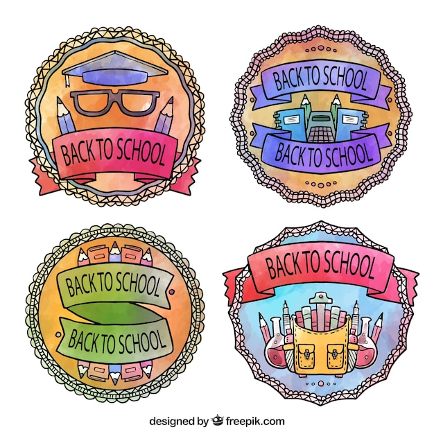 Vecteur gratuit belles badges peints à l'aquarelle pour retourner à l'école