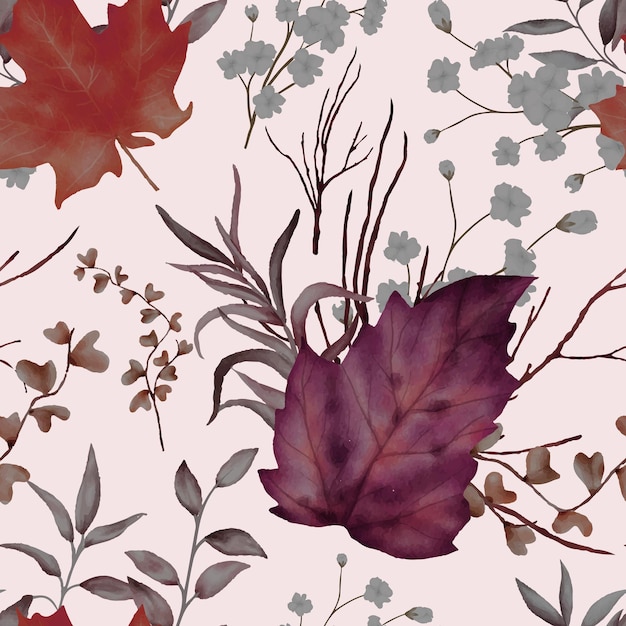Vecteur gratuit de belles feuilles séchées à l'aquarelle avec un motif floral sans couture