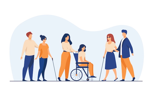 Des Bénévoles Aident Des Amis Handicapés à Marcher En Plein Air