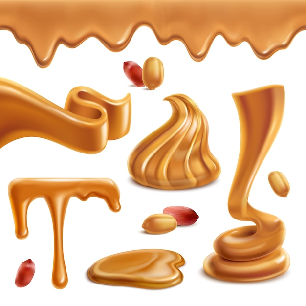 Vecteur gratuit beurre d'arachide pâte à tartiner chiffres drôles en spirale flaques fondues bordure horizontale noix grillées ensemble réaliste