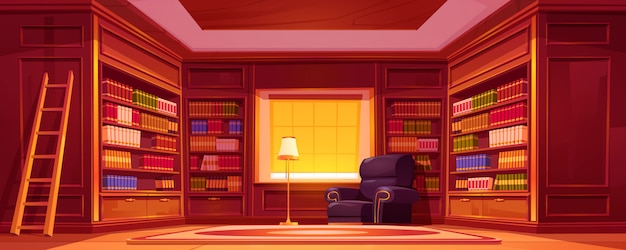 Bibliothèque avec bibliothèques, échelle, chaise et lampe.