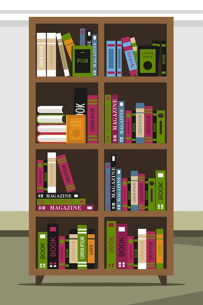 Vecteur gratuit bibliothèque en bois librairie bibliothèque pièce intérieure cabinet archive meuble bibliophile collection sagesse stockage étagère vintage avec divers livres littérature