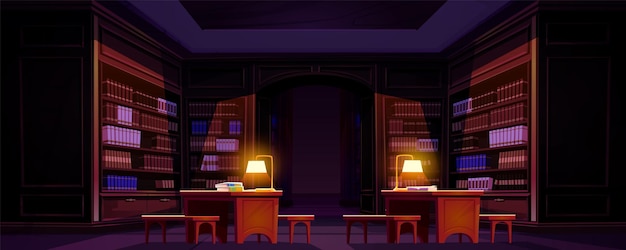 Vecteur gratuit bibliothèque publique la nuit avec de nombreux livres sur les étagères et les bureaux de travail avec lampes illustration vectorielle d'une grande pièce sombre avec étagères collection de littérature universitaire stockage d'archives