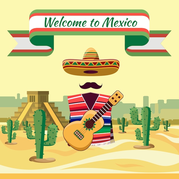 Vecteur gratuit bienvenue au mexique, éléments traditionnels mexicains sur fond de cactus et de sable