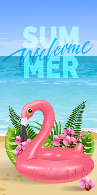 Bienvenue Bannière D'été Avec Des Feuilles De Palmier, Fleurs Roses, Flamant Rose, Plage Et Océan.