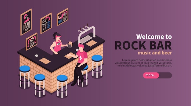 Vecteur gratuit bienvenue à la bannière horizontale du bar rock avec des éléments d'intérieur et offrant de la musique et de la bière