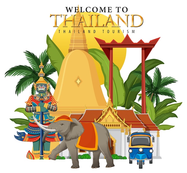 Vecteur gratuit bienvenue sur la bannière et les monuments de la thaïlande