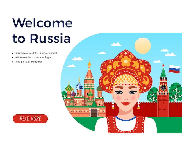 Vecteur gratuit bienvenue en russie, agence de voyages à composition plate, publicité avec une fille à sarafan et à kokoshnik