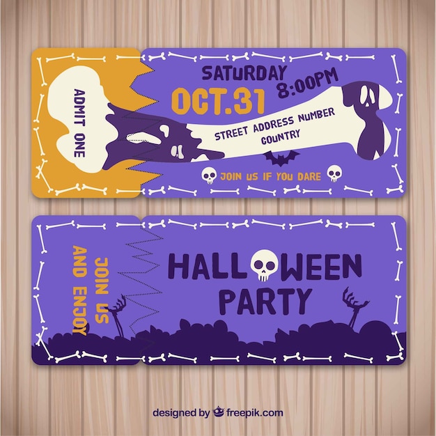 Vecteur gratuit billets de halloween avec os et zombies