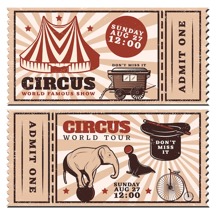 Vecteur gratuit billets horizontaux publicitaires de spectacle de cirque vintage