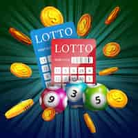Vecteur gratuit billets de loterie, balles et pièces d'or volantes. publicité d'entreprise de jeu