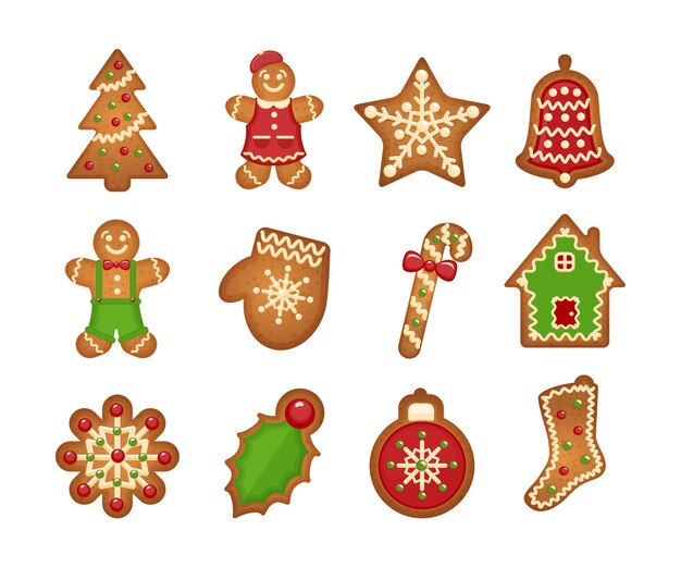 Biscuits de pain d'épice de Noël sur fond blanc. Sapin de Noël et étoile, cloche et maison