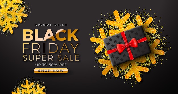 Black Friday Super Sale Illustration Avec Des Flocons De Neige Dorés Et Des Lettres Dorées Sur Fond Sombre