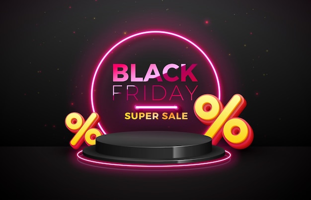 Vecteur gratuit black friday super sale illustration avec néon et podium sur fond sombre