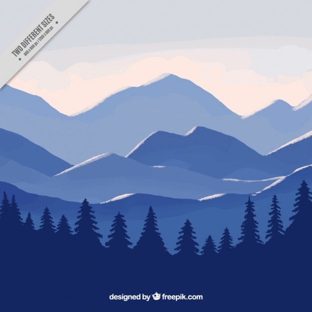 Vecteur gratuit bleu fond de paysage avec les montagnes et les pins