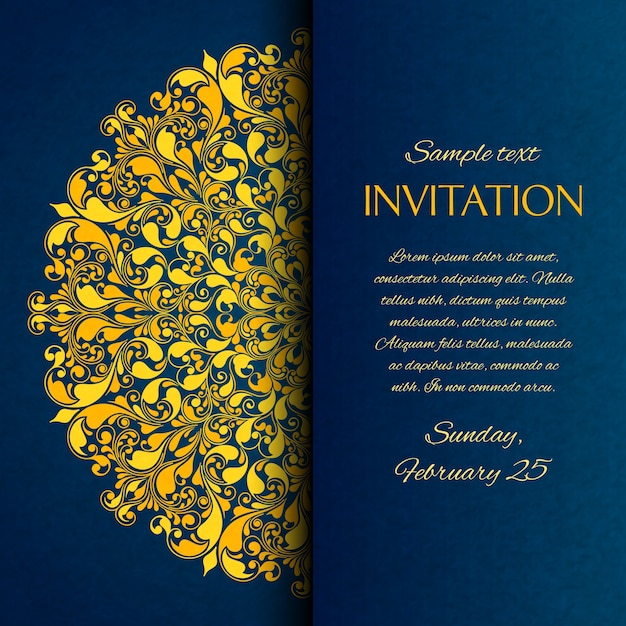 Bleu ornemental avec carte d'invitation de broderie or