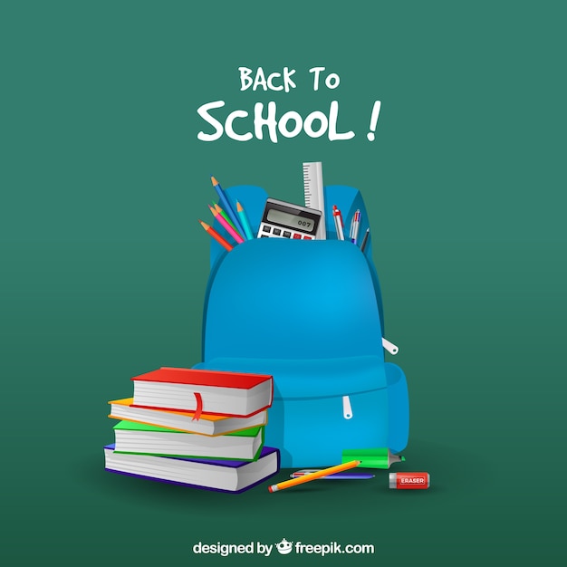 Vecteur gratuit blue backpack background and books in realistic style