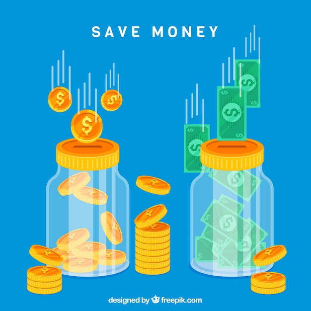Vecteur gratuit blue jarres en verre fond avec des pièces de monnaie et des billets de banque