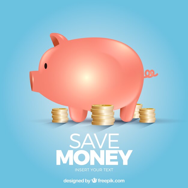 Blue piggy bank background with coins