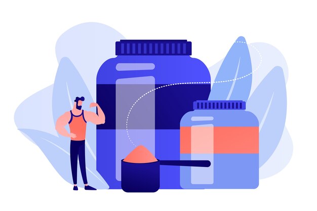 Bodybuilder avec récipients en plastique de nutrition sportive avec poudre de protéine. Nutrition sportive, suppléments sportifs, concept d'utilisation des aides ergogéniques. Illustration isolée de bleu corail rose